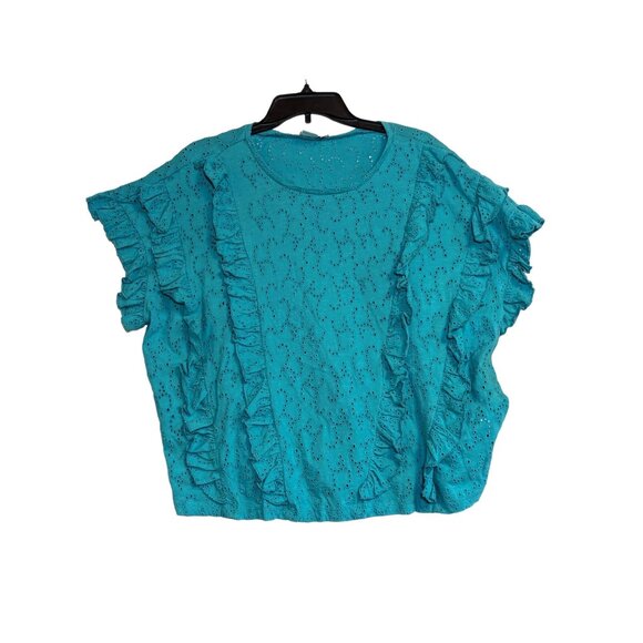 Tru Luxe Jeans Womens Turquoise Ruffled Eyelet Blouse L 100% Cotton - Picture 2 of 6